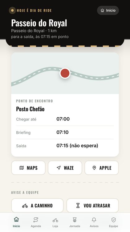 Tela do ponto de encontro, com o mapa e os horários
