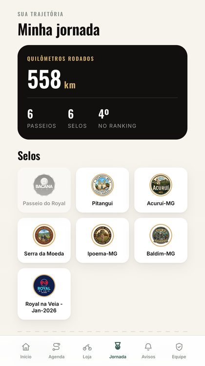 Tela da jornada, com quilômetros e selos